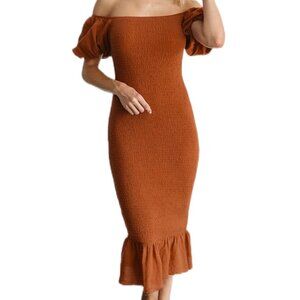 Smocked Bodycon Off Shoulder Puff Short Sleeve Mermaid Dress